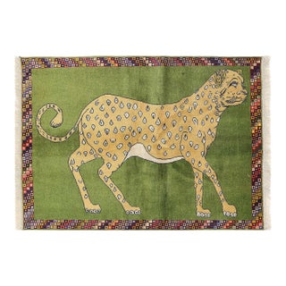 Light Green Fine Hand Knotted Persian Shiraz Cheetah Pictorial Patterns Rug For Sale