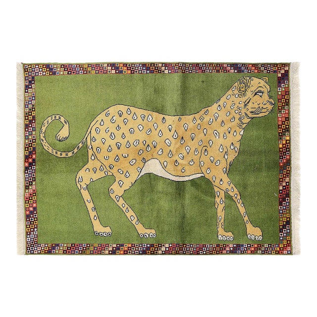Light Green Fine Hand Knotted Persian Shiraz Cheetah Pictorial Patterns Rug For Sale