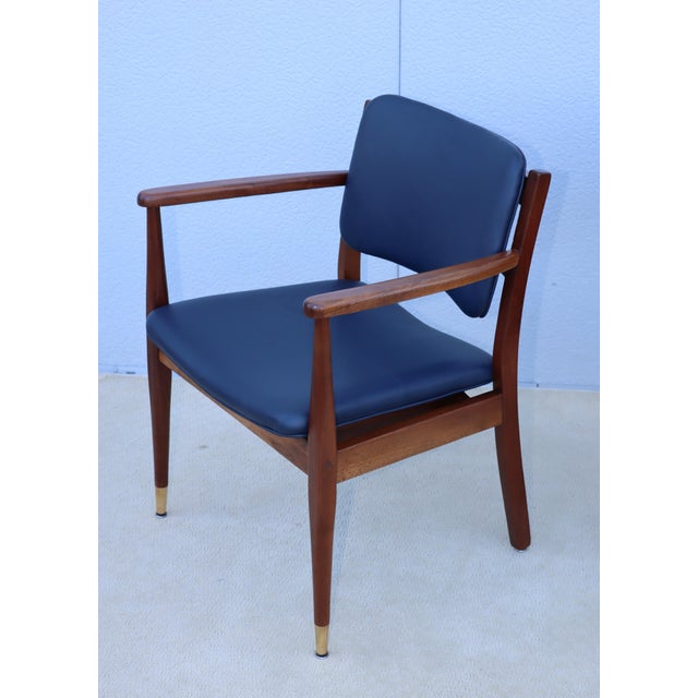 1960's Walnut Armchairs With Blue Leather Upholstery - A Pair For Sale - Image 11 of 12