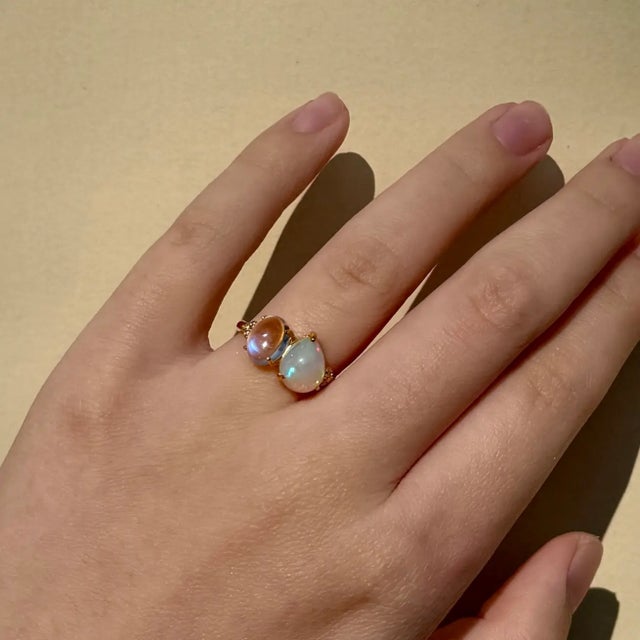 Metal Kai Fortune Rainbow Blue Moonstone Fire Opal Diamond Toi Et Moi Ring in 14k Solid Gold, size 7.5 For Sale - Image 7 of 8