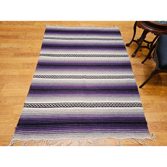 Purple Vintage American Southwestern Kilim Rug, Handwoven Wool, Stripe Pattern, Lavender & Ivory, 4x6 For Sale - Image 8 of 11