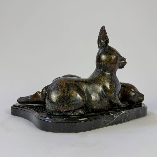 Large Bronze Rabbit Sculpture on Marble Base – Mother and Baby Hare - 19"l For Sale - Image 9 of 11