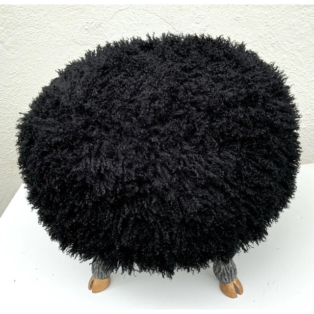 Contemporary Round Stool / Ottoman With Hand-Carved Faux “Sheep” Legs With Gilt Finish and Faux “Lamb” Washable Upholstery / Everage Design Workshop Made to Order For Sale - Image 3 of 6
