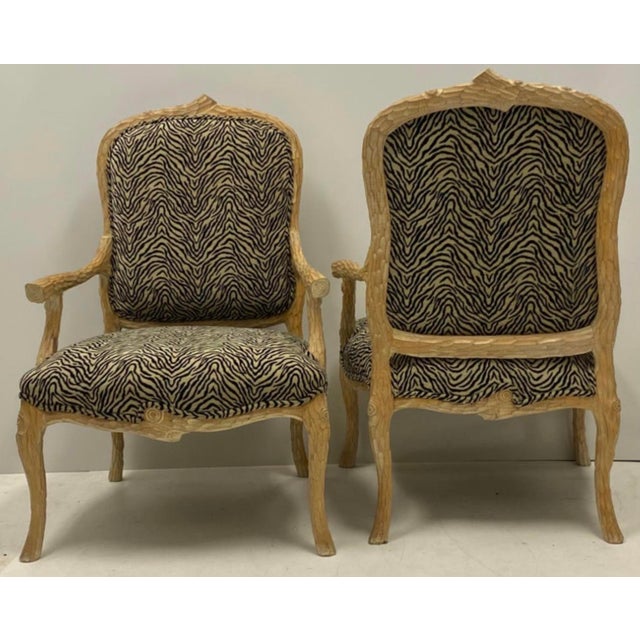 Contemporary Italian Carved Faux Bois Cerused Bergère Chairs in Zebra Fabric - Pair For Sale - Image 3 of 7
