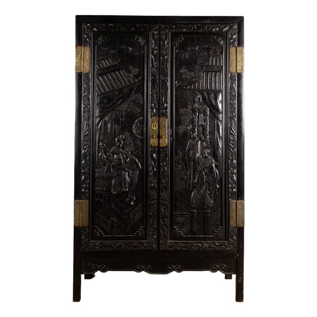 Chinese Carved Wooden Cabinet with Imperial Life Scenes, China,19th Century For Sale