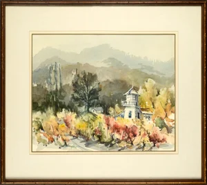 Late 20th Century Mountain Vineyard Landscape Watercolor Painting by Henry Hank Volle, Framed