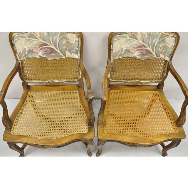 Vintage French Country Louis XV Style Upholstered Cane Lounge Arm Chairs - Pair For Sale - Image 11 of 12