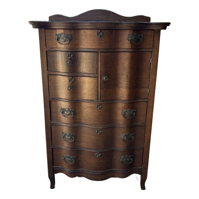 Antique Oak Highboy Dresser Featuring Distinctive Serpentine Bowed Drawers and a Small Upper Side Cabinet For Sale