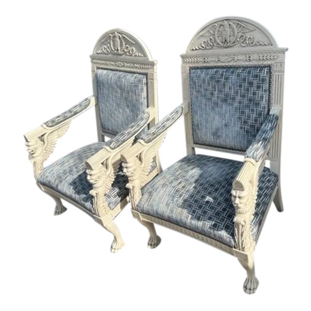 Pair of Large 1960s White and Blue Carved Arm Chairs For Sale