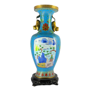 Large Vintage Chinese Cloisonné Vase – Turquoise Enamel Landscape