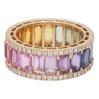 Natural 6.29 cts rainbow sapphire & 0.62 cts diamond ring in 14k gold For Sale
