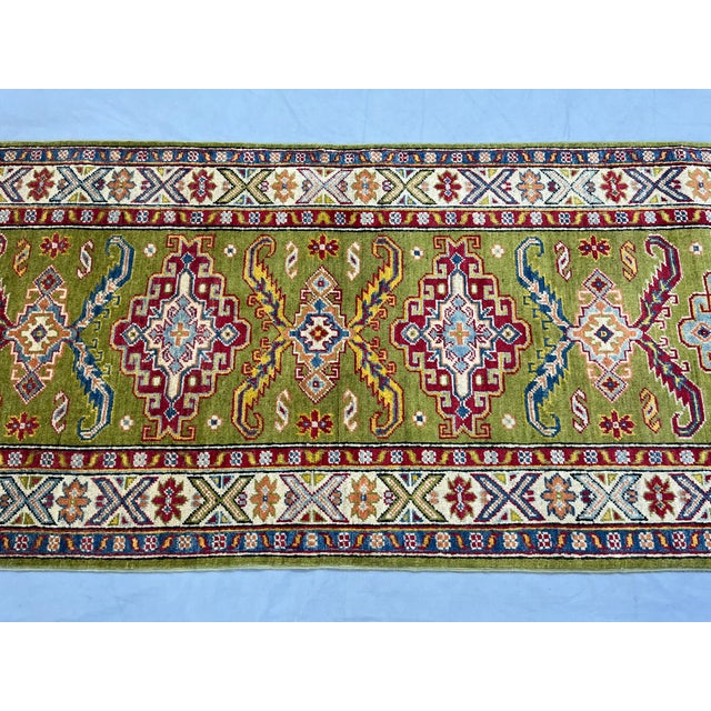 Textile Olive Green, Red and Cream Kazak Wool Runner Rug, 2'11" X 9'9" For Sale - Image 7 of 18