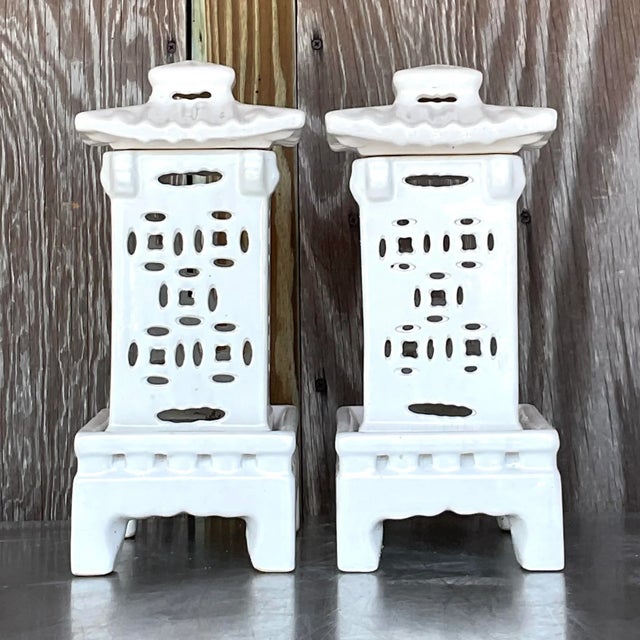 Vintage Asian Glazed Ceramic Pagoda Lanterns - a Pair For Sale - Image 4 of 7