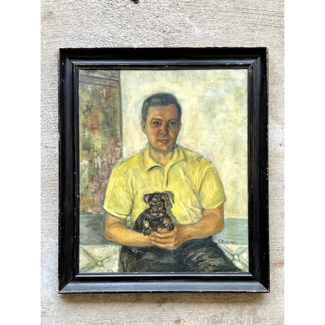 Vintage Figurative Man and Dog Oil Painting For Sale - Image 4 of 12