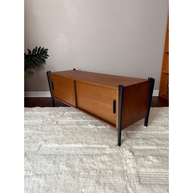 Vintage MCM Teak Media Cabinet/Console With “Exoskeleton” Legs and Sliding Doors For Sale - Image 9 of 12