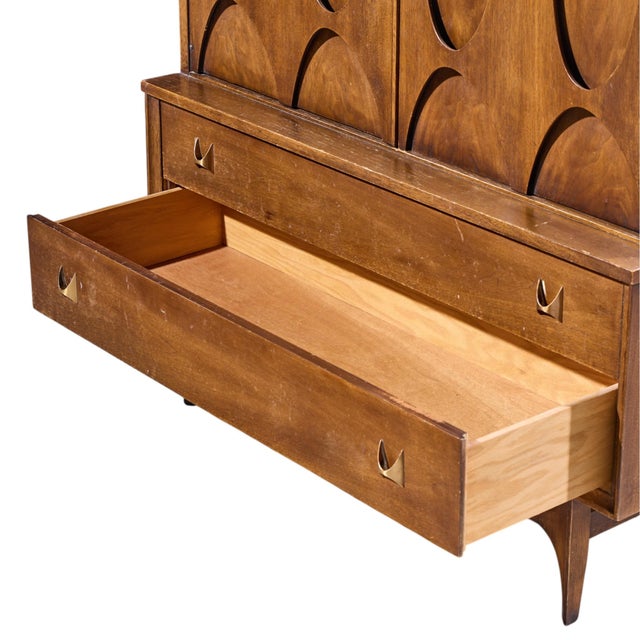 Brown Broyhill Brasilia Mid Century Walnut and Brass Gentlemans Chest Highboy Dresser For Sale - Image 8 of 10