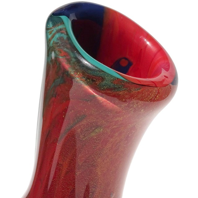 Murano Vintage Painterly Oriente Design Gold Flecks Italian Art Glass Abstract Double Spout Flower Vase For Sale In Orlando - Image 6 of 10