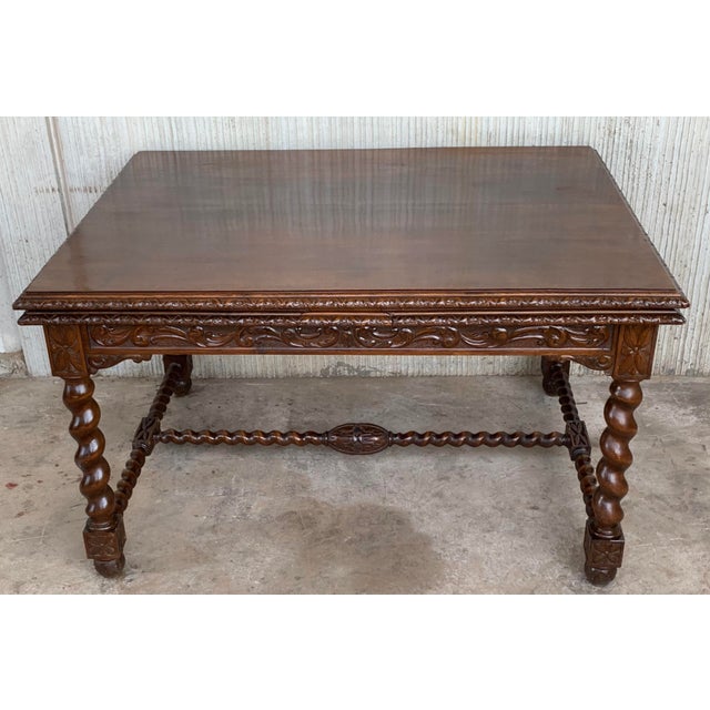 Baroque 19th Spanish Baroque Walnut Solomonic Legs Extendable Table With Carved Frame For Sale - Image 3 of 13