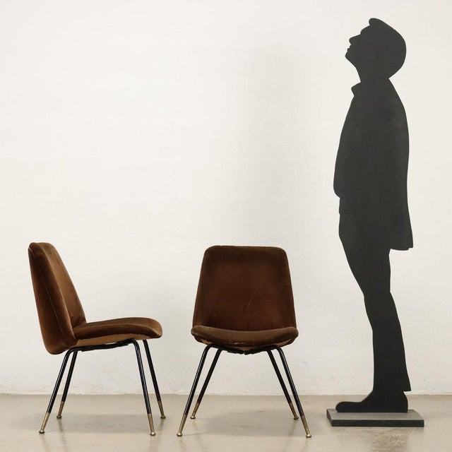 Pair of chairs with seat and backrest padded in foam with original brown fabric upholstery from the period, enamelled...