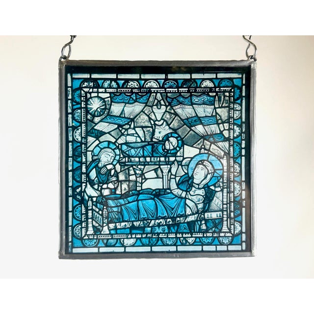 French Hand-Painted Stained Glass Hanging Window Panel, 1950s For Sale - Image 7 of 8