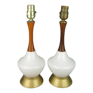 Mid 20th Century Mid Century Modern Small Pottery and Walnut Table Lamps - a Pair For Sale