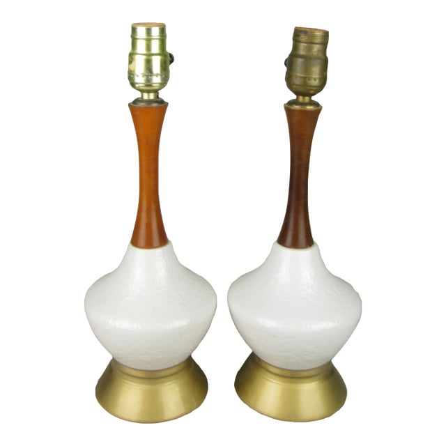 Mid 20th Century Mid Century Modern Small Pottery and Walnut Table Lamps - a Pair For Sale