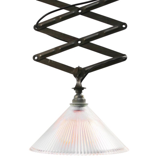 Vintage Industrial Glass and Metal Scissor Pendant Lamp from Holophane For Sale - Image 4 of 7