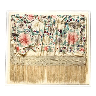 Large, Antique Silk, Hand Embroidered “Manton De Manila” Spanish Shawl in Museum Acrylic Display Case Frame For Sale
