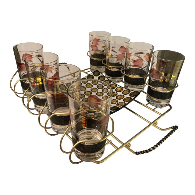 MidCentury Drinking Glasses with Tray and Caddy Holder Set of 10