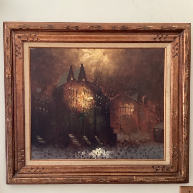 Vintage Oil Painting on Canvas "City Motif at Dusk" Signed Framed For Sale - Image 9 of 12