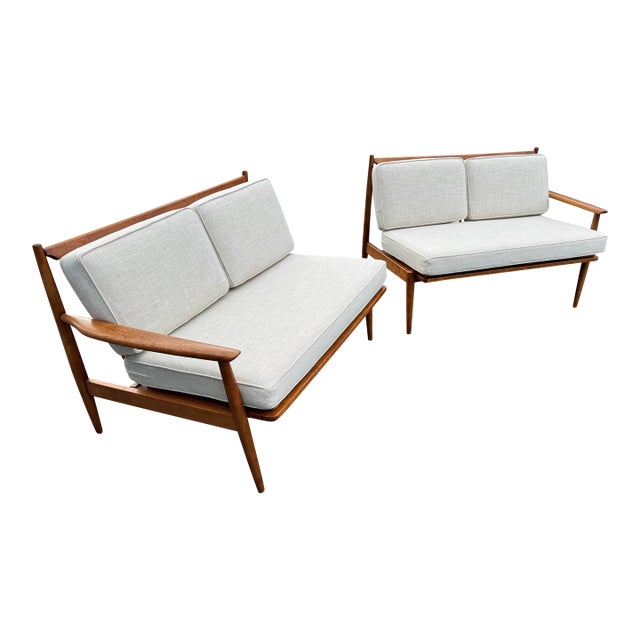 1960s 2 Piece Walnut Sofa Attributed to Viko Baumritter With New Upholstery For Sale