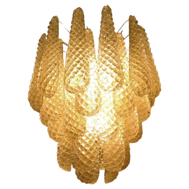 Pair of Italian vintage Murano chandeliers made by 41 glass petals (amber crystal, smooth outside, with crystal...