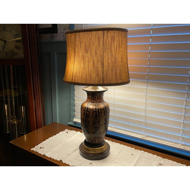 Bronze Designer Frederick Cooper Art Nouveau Style Ceramic Table Lamp With Original Woven Shade For Sale - Image 8 of 18