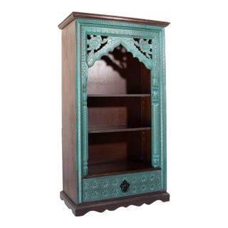 Hand-Carved Arch Bookshelf Wooden Cabinet in Rustic Blue For Sale