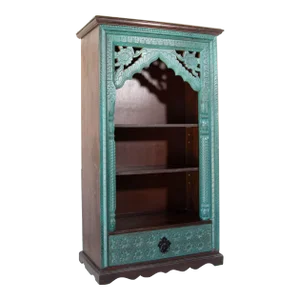 Hand-Carved Arch Bookshelf Wooden Cabinet in Rustic Blue