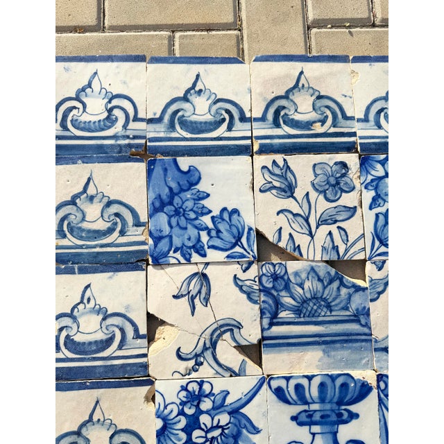 Antique 18th Century Portuguese Blue & White Flowerpiece on a Classical Stand Tile Mural For Sale - Image 9 of 16