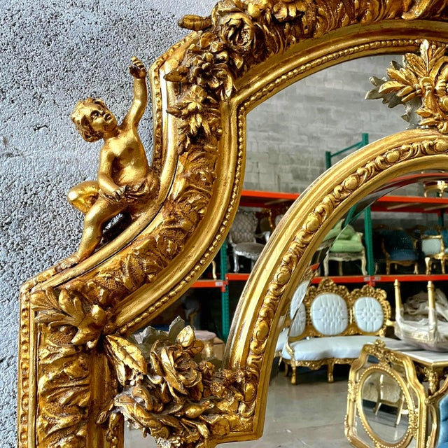 Gold Rococo Floor Mirror – Gold Leaf Finish With Angel Carvings, 6.6 Ft Tall Statement Mirror For Sale - Image 8 of 9