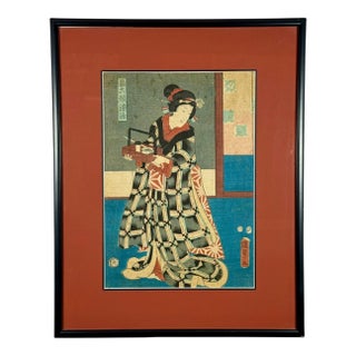 Rare Signed 19th C. Utagawa Kunisada Japanese Woodblock Print, Toyokuni III Ukiyo-E Art, Checkered Kimono Portrait, Antique Edo Period Asian Decor For Sale