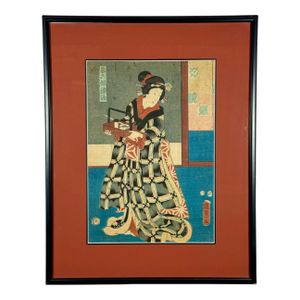 Rare Signed 19th C. Utagawa Kunisada Japanese Woodblock Print, Toyokuni III Ukiyo-E Art, Checkered Kimono Portrait, Antique Edo Period Asian Decor