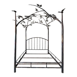 Vintage Handcrafted Metal Forest Canopy Queen Bed Frame, Signed For Sale