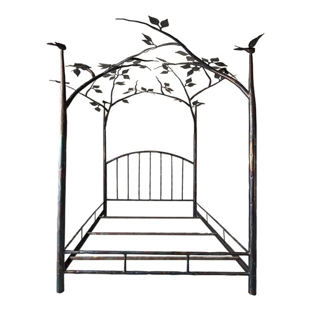 Vintage Handcrafted Metal Forest Canopy Queen Bed Frame, Signed For Sale