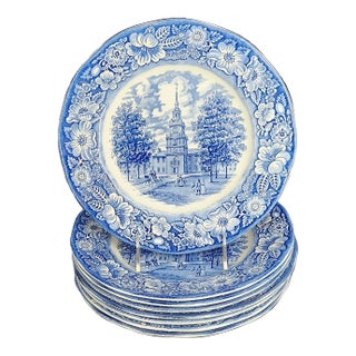 Vintage Mid Century Modern Liberty Blue Staffordshire English Cottage Dinner Plates - Set of 7 For Sale