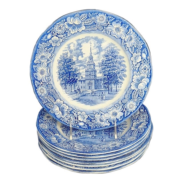 Vintage Mid Century Modern Liberty Blue Staffordshire English Cottage Dinner Plates - Set of 7 For Sale