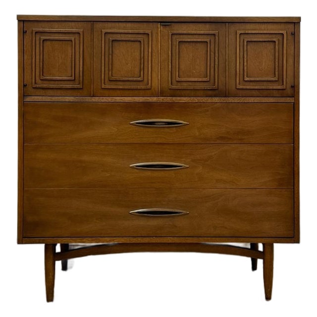 Vintage Chest Broyhill Sculptra MCM Gentleman's Tallboy Three Drawer Cabinet Dresser For Sale