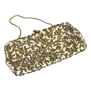 Cream Silk / Ivy Beaded Snap Top Evening Purse For Sale