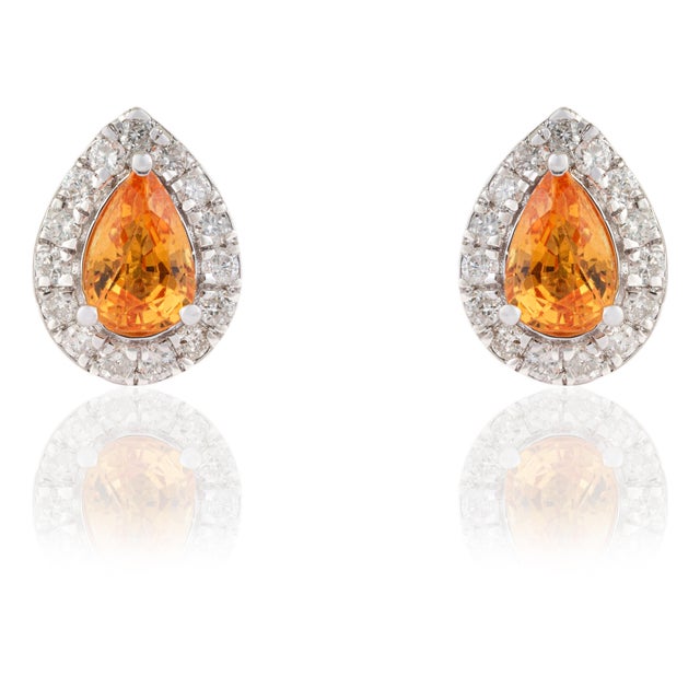 1 Ct Pear Cut Yellow Sapphire Stud Earrings With Diamonds in 14k Gold- A Pair For Sale