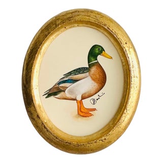Original Hand-Painted Mallard Miniature Painting in an Italian Vintage Frame For Sale