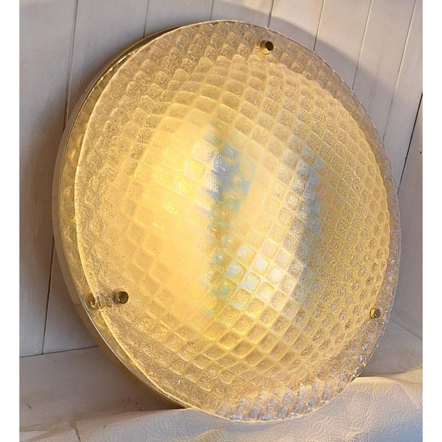 1970s Vintage Italian Ceiling Lamp with Ice Glass Shade in Waffle Pattern on Brass Mount, 1970s For Sale - Image 5 of 8
