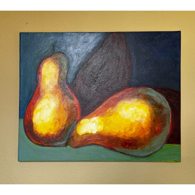 This vintage original oil painting on canvas features Expressionist style focusing closely on two pears resting side by...