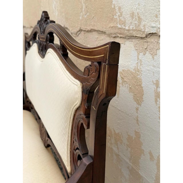 Antique Victorian Carved Mahogany Inlaid Parlor Set Sofa and 4 Chairs - 5 PCS For Sale - Image 16 of 18